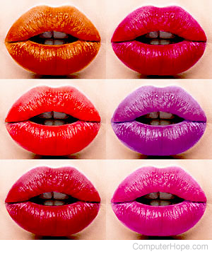 Multiple pairs lips with various shades of red or purple lipstick
